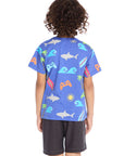 Back view of the Chaser Kids Cyber Surfer Tee in blue with continued colorful ocean and gaming graphics on a white background