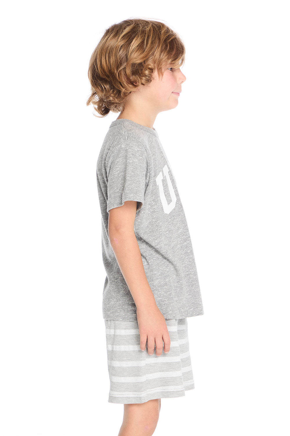 Side view of Chaser Kids gray USA Crew Neck Tee featuring short sleeves and soft heather jersey texture