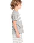 Side view of Chaser Kids gray USA Crew Neck Tee featuring short sleeves and soft heather jersey texture