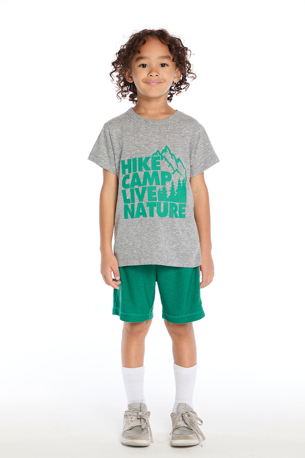 Full body view of Chaser Kids Hike Camp Live Nature Tee paired with the Wild Green Cozy Knit Cozy Beach Short for an easy outdoor-inspired look