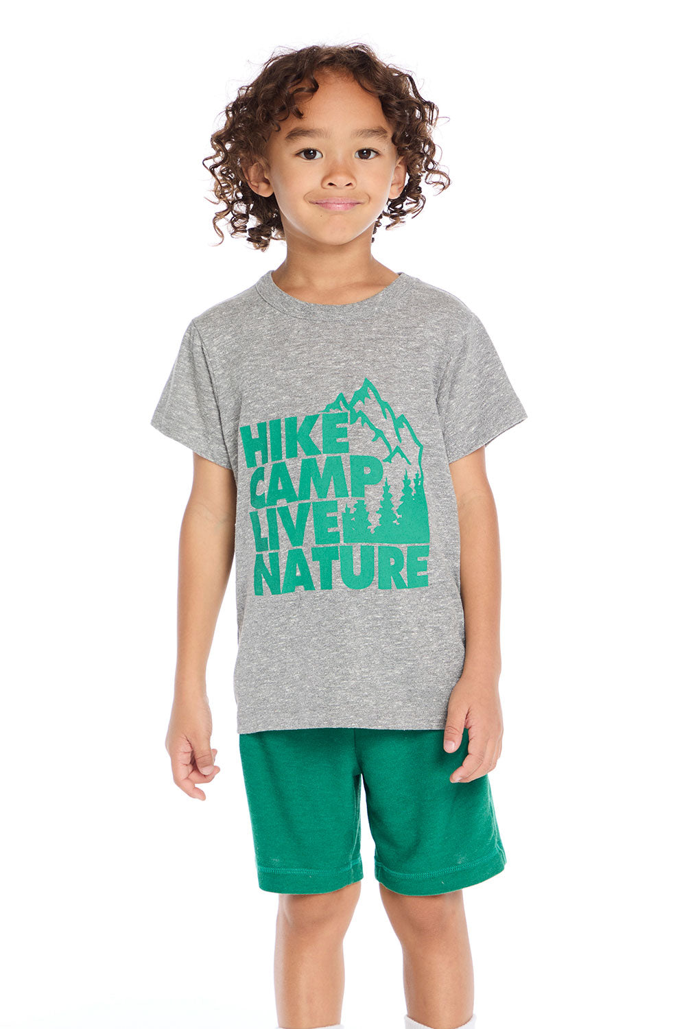 Front view of Chaser Kids Hike Camp Live Nature Tee in Heather Grey featuring bold green outdoor slogan graphic with mountain and tree design