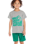 Front view of Chaser Kids Hike Camp Live Nature Tee in Heather Grey featuring bold green outdoor slogan graphic with mountain and tree design