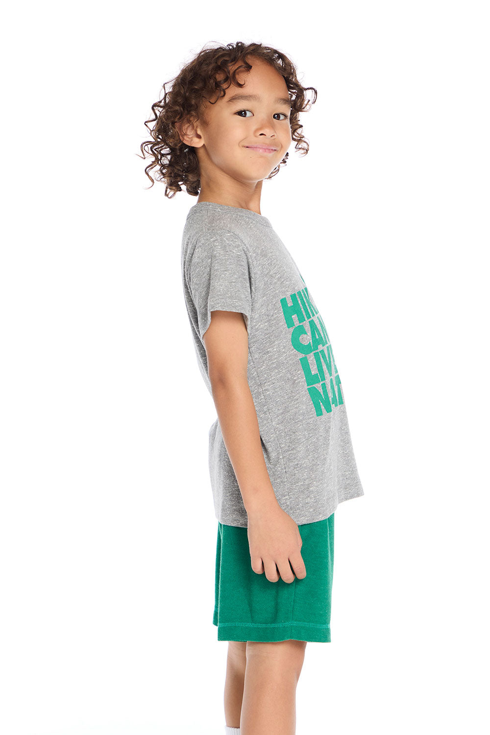 Side view of Chaser Kids Hike Camp Live Nature Tee showing short sleeves and soft heathered jersey knit texture