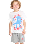 Front view of Chaser Kids Let Freedom Roar Tee in White featuring red and blue dinosaur graphic with patriotic stars