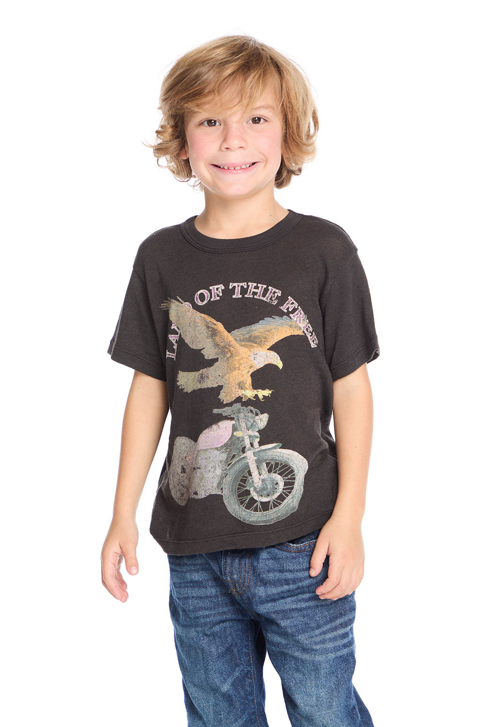 Front view of Chaser Kids Land Of The Free Classic Tee in Vintage Black featuring eagle and motorcycle graphic with distressed lettering