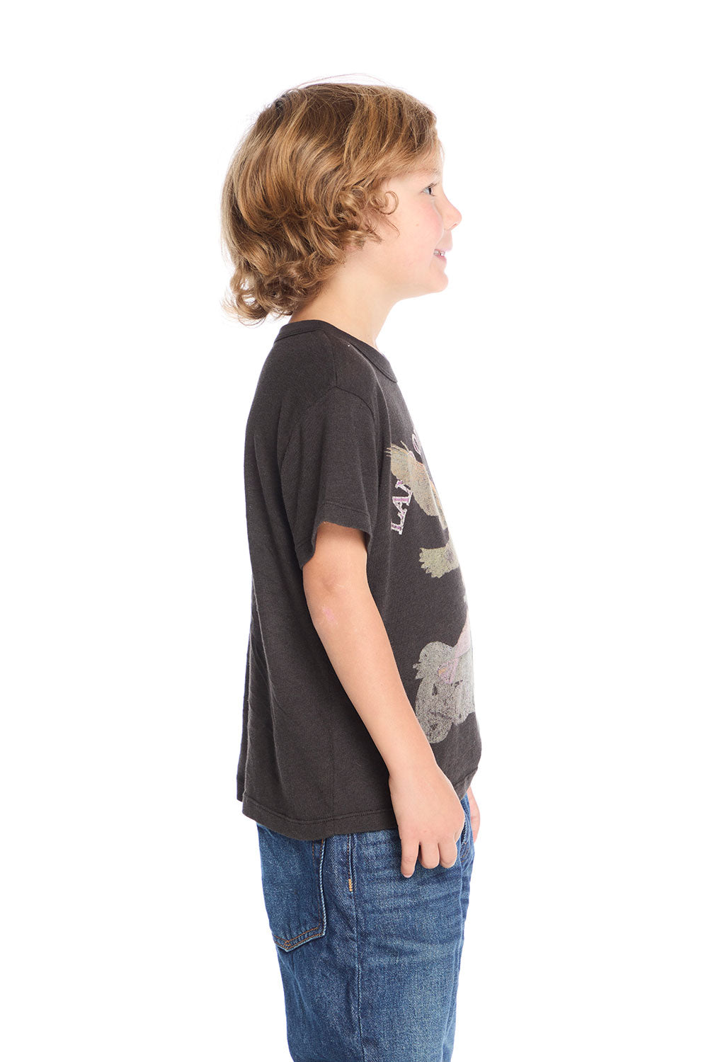 Side view of Chaser Kids Land Of The Free Classic Tee showing short sleeves and soft vintage-wash cotton-blend fabric