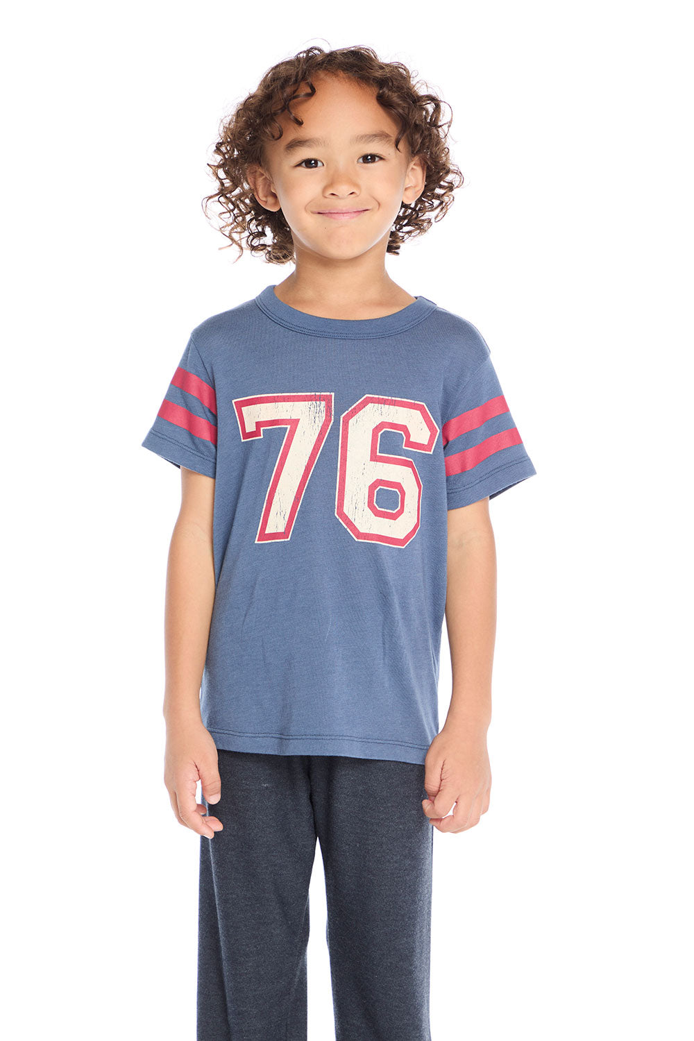 Front view of Chaser Kids 76 Classic Tee in Indigo Blue featuring bold vintage red 76 graphic and sleeve stripes