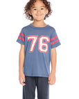 Front view of Chaser Kids 76 Classic Tee in Indigo Blue featuring bold vintage red 76 graphic and sleeve stripes