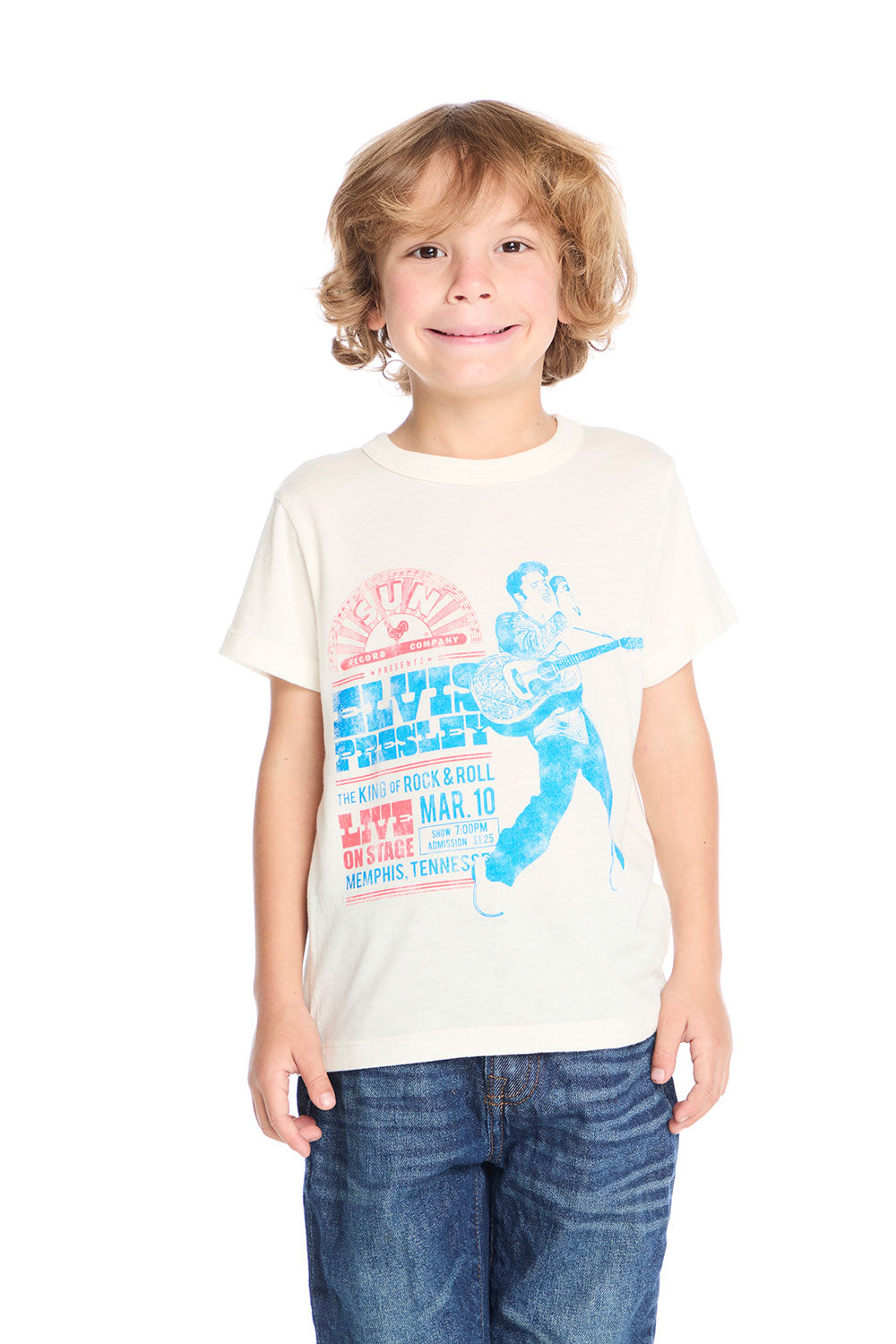 Front view of Chaser Kids Sun Records Elvis Live Tee in Vintage White featuring bold blue and red Elvis Presley concert graphic