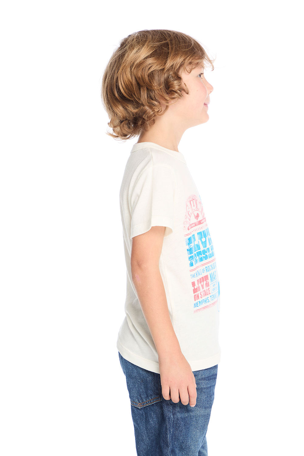 Side view of Chaser Kids Sun Records Elvis Live Tee showing short sleeves and relaxed fit in soft vintage knit