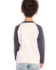 Back view of boy wearing Chaser’s Lightning Bolt henley long sleeve top in dark fabric with plain back against a white background