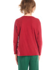 Back view of boy wearing Chaser’s Ski Club red pullover long sleeve on a white background