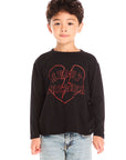 Boy wearing Chaser’s Heartbreaker black long-sleeve shirt with red text and broken heart graphic on a white background