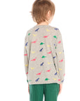 Back view of boy wearing Chaser’s Multi Dinos grey long sleeve top with colorful dinosaur patterns against a white background