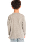 Back view of boy wearing Chaser’s Off To The Races grey long sleeve top against a white background