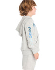 Side view of boy wearing Chaser Kids Peace Out Zip Up Hoodie in Heather Grey showing “Peace Out” text on sleeve, white background