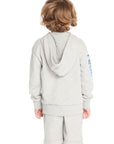 Back view of boy wearing Chaser Kids Peace Out Zip Up Hoodie with hood down, Heather Grey color, white background