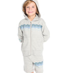 Boy wearing Chaser Kids Peace Out Zip Up Hoodie in Heather Grey with hood up and blue wavy stripe detail, white background