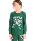 Boy wearing Chaser’s Greatest Of All Time everest green long sleeve top with “Greatest of All Time” text on a white background