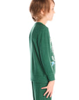 Side view of boy wearing Chaser’s Greatest Of All Time Everest Green long sleeve top with text graphic on a white background