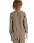 Back view of boy wearing Chaser’s Bolt safari green long sleeve top with lightning bolt design and matching pants on a white background.