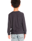 Back biew of boy wearing Chaser's Allover Racing dark gray sweatshirt on a white background
