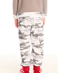 Back view of boy wearing Chaser’s Camo Pants in gray camouflage on a white background.