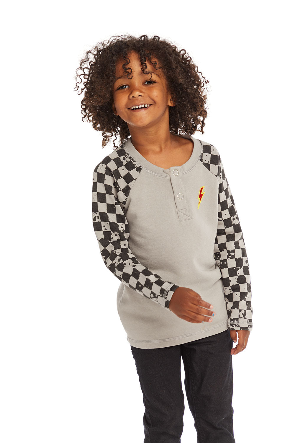 Long Sleeve Splatter Checker Raglan Button Up Henley BOYS chaserbrand