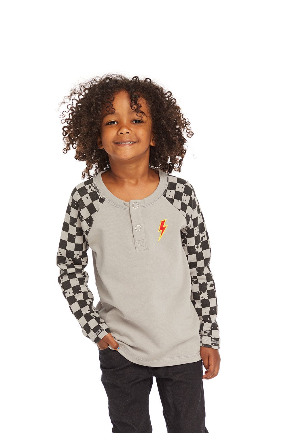 Long Sleeve Splatter Checker Raglan Button Up Henley BOYS chaserbrand