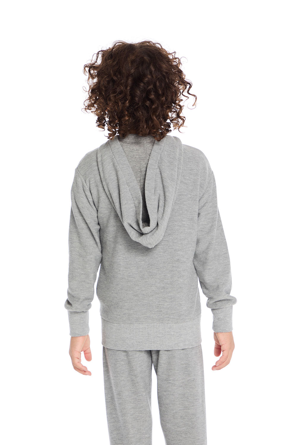 Back view of boy wearing Chaser Kids Heather Grey Zip Up Hoodie with hood down, white background