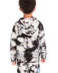 Back view of boy wearing Chaser’s Smiley Bolt tie-dye zip up hoodie on a white background