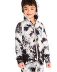 Boy wearing Chaser’s Smiley Bolt tie-dye zip up hoodie, hood up, with blue smiley face and lightning bolt eyes graphic on left chest on a white background