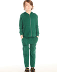 Full body front view of boy wearing Chaser’s Everest Green Zip Up Hoodie with matching Everest Green Knee Seam Joggers on a white background