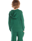 Back view of boy wearing Chaser’s Everest Green Zip Up Hoodie with hood on a white background