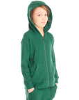 Side view of boy wearing Chaser’s Everest Green Zip Up Hoodie with hood up on a white background