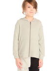 Front view of boy wearing Chaser’s Heather Grey Zip Up Hoodie with waffle texture against a white background