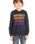 Front view of boy wearing Chaser’s Hockey navy blue pullover hoodie with multicolor ‘Hockey’ text against a white background