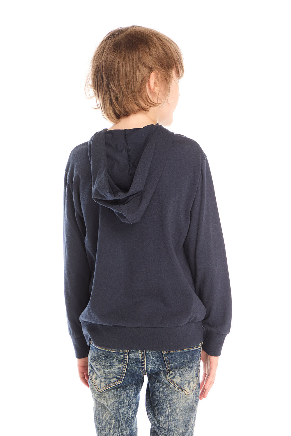 Back view of boy wearing Chaser’s Hockey navy blue pullover hoodie against a white background