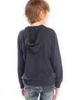 Back view of boy wearing Chaser’s Hockey navy blue pullover hoodie against a white background