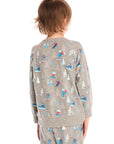 Back view of boy wearing Chaser's gray Allover Ski Slope long sleeve and matching pant with colorful patterns on a white background