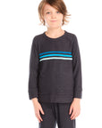 Boy wearing Chaser’s Raglan Avalon Blue Pullover top with strappings and blue stripes across the chest on a white background