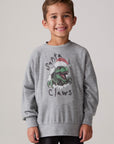 Model wearing Chaser's Santa Claws Boys Pullover in heather grey with Santa-hat dinosaur graphic, front view