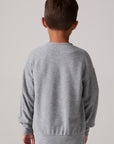Model wearing Chaser's Santa Claws Boys Pullover in heather grey with Santa-hat dinosaur graphic, back view