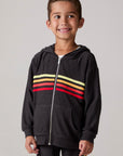 Model wearing Chaser's Vintage Black Stripe Boys Zip-Up Hoodie in Black with striped detailing, front view