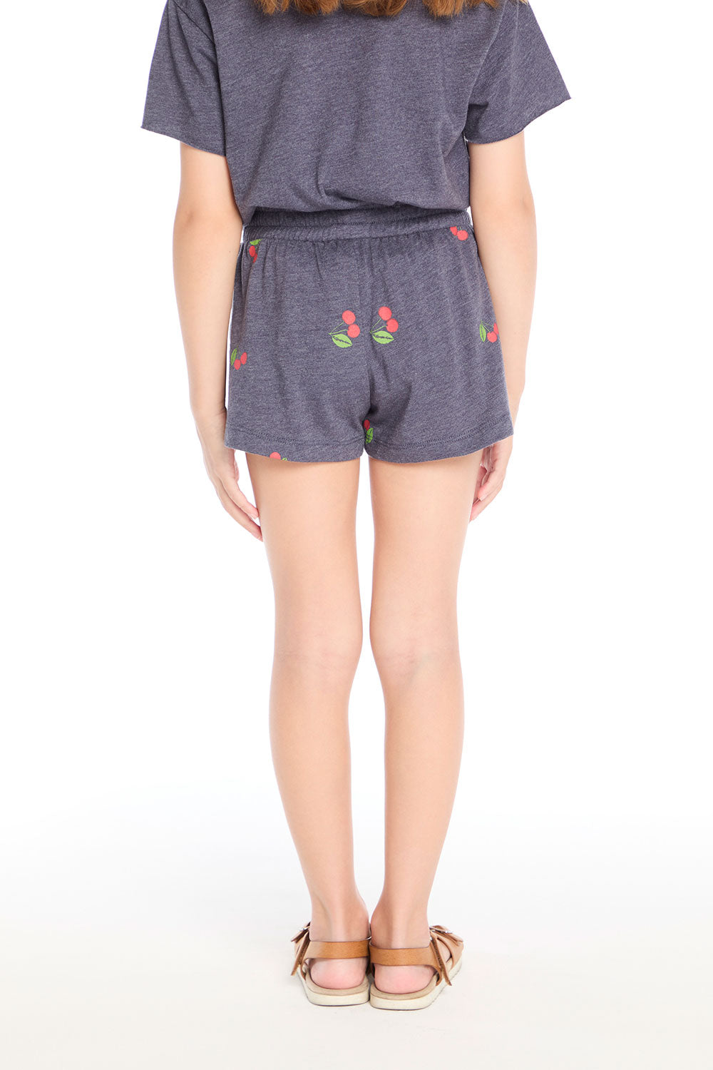 Back view of the Chaser Kids Allover Cherries Shorts in Avalon Blue with cherry pattern throughout on a white background
