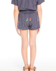 Back view of the Chaser Kids Allover Cherries Shorts in Avalon Blue with cherry pattern throughout on a white background