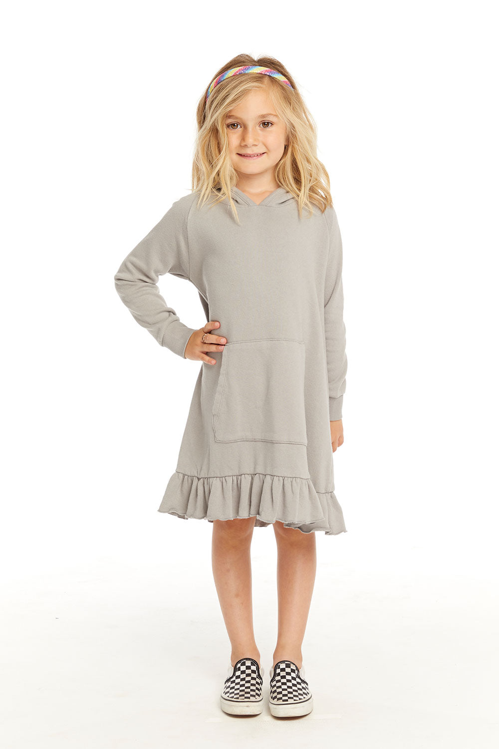 Long Sleeve Gravel Grey Hooded Ruffle Hem Dress GIRLS chaserbrand