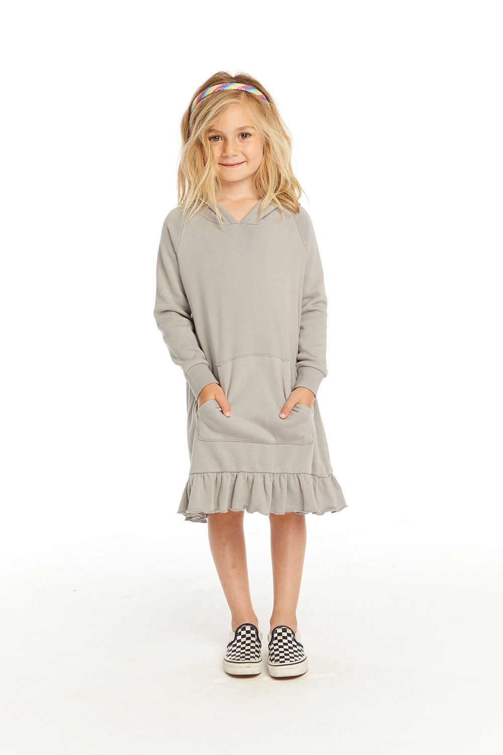 Long Sleeve Gravel Grey Hooded Ruffle Hem Dress GIRLS chaserbrand