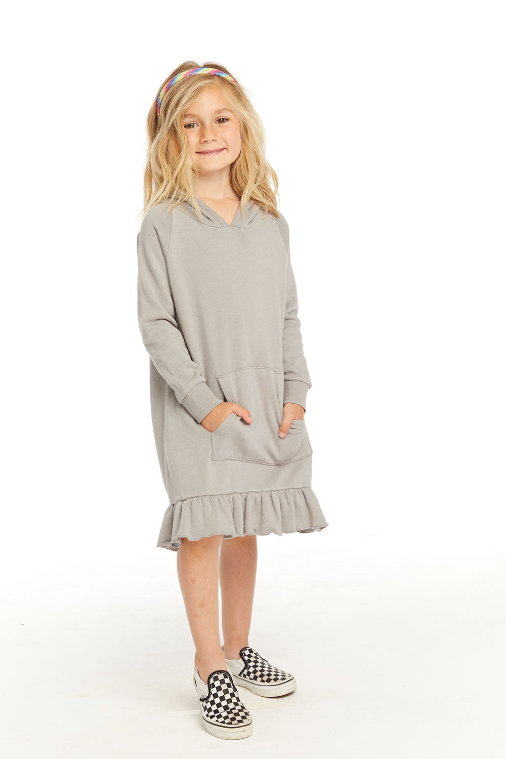 Long Sleeve Gravel Grey Hooded Ruffle Hem Dress GIRLS chaserbrand