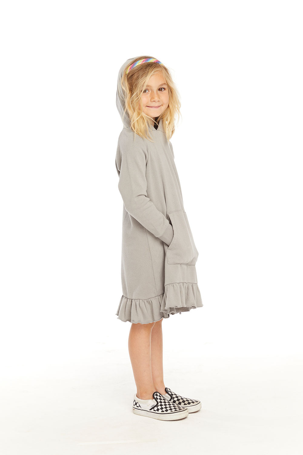 Long Sleeve Gravel Grey Hooded Ruffle Hem Dress GIRLS chaserbrand